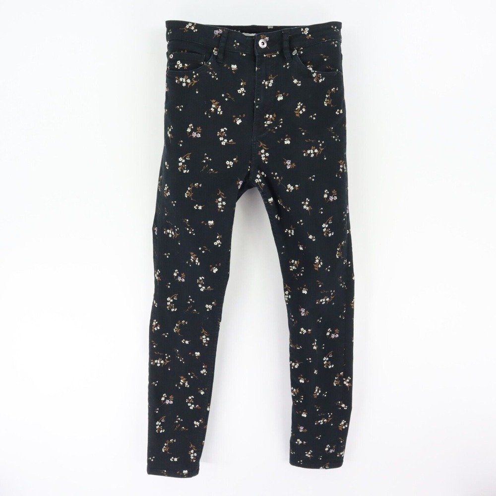H&M Pants Womens 8 Black Floral Cotton Blend Stretch Pockets Mid Rise Skinny Leg